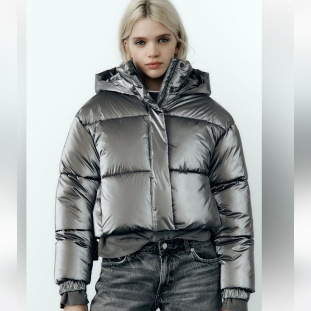 ZARA Cropped Metallic Silver Puffer Jacket Hooded Quilted Winter Coat XS